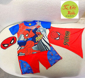 Bộ thun spiderman siêu anh hùng kèm khăn choàng và mặt nạ cho bé trai.  size 3-10t, bé 12-29kg </BR>
* vải thun cotton 4 chiều, hình in thấm không bong tróc, mềm mại, thoáng mát</Br>
* Nguyện bộ gồm áo, quần, khăn choàng, mặt nạ giấy </Br>
* Họa tiết spiderman, siêu anh hùng mà các bé trai yêu thích </Bt>
bảng size tham khảo </Br>
3: 12-14kg </Br>
4: 14-16kg </Br>
5: 15-17kg </Br>
6: 17-19kg </Br>
7: 20-23kg </Br>
8: 23-25kg </br>
9: 25-27kg </br>
10: 27-30kg